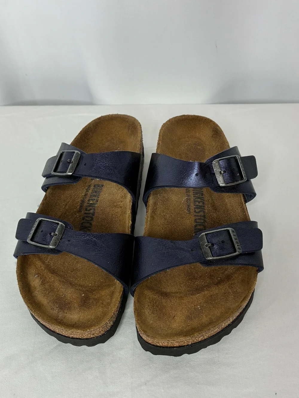 Birkenstock metallic Blue Leather Sandals EU 39 US 8 Narrow Double Strap - Picture 1 of 8